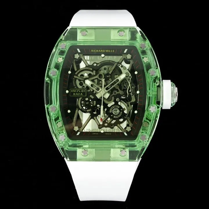 Richard Mille men's top-tier watch green transparent hollow plate rubber model RM35-01front live photo