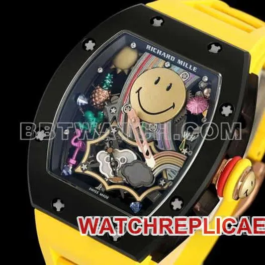 Richard Mille men's smiley tourbillon black shell yellow rubber RM 88side live photo