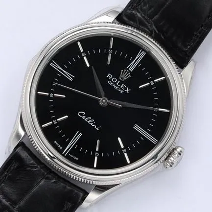 top-tier watch Rolex men's black dial black belt Cellini series automatic movementleather strap watch front view
