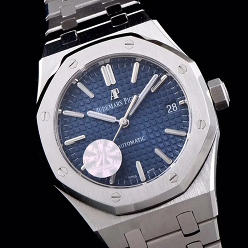 top-tier watch Audemars Piguet men's blue dial mechanical steel bracelet watch side view