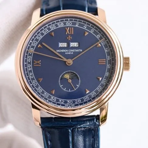 TWS factory Vacheron Constantintop-tier watch fully automatic movementleather strap men's blue dial blue belt front view