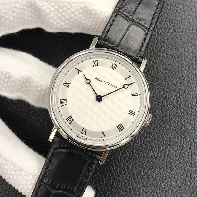 Top Breguet men's classic series white dial black strap mechanical leather watch front view