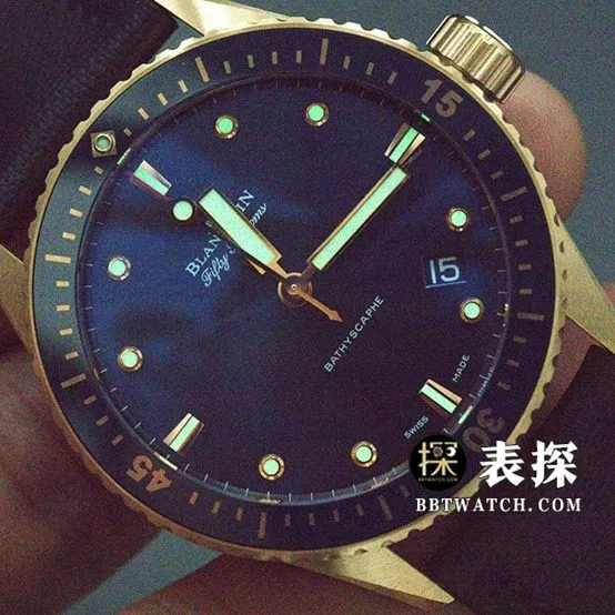 Blancpain Fifty Fathoms top-tier watch men's blue dial gold needle leather strap model pictures and prices front live photo