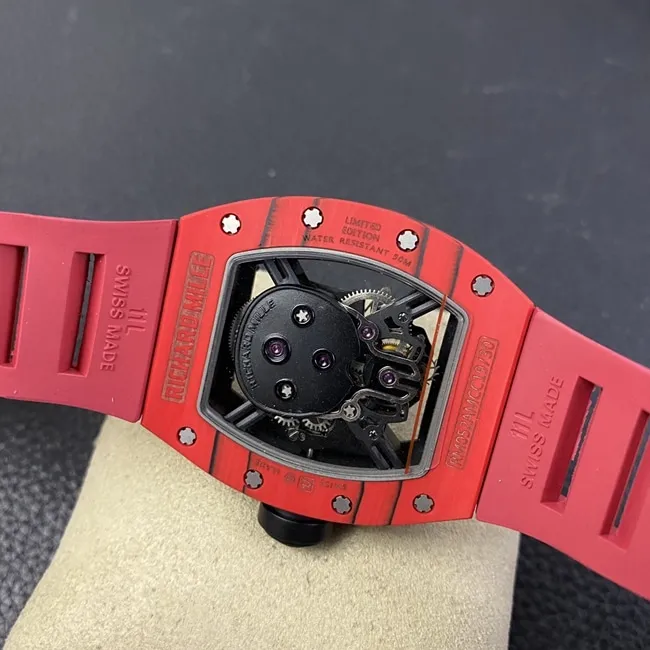 JB factory Richard Milletop-tier watch RM52-01 real tourbillon men's black dial red rubber strap skull mechanical watch side view