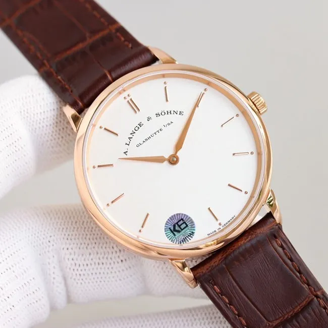 top-tier Lange SAXONIA series two-hand rose gold steel case front view