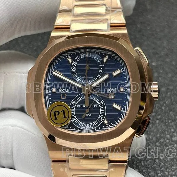Patek Philippe Watch Sport Elegant Blue Dial Mechanical Rose Gold Steel Strap Model 5990 Front view