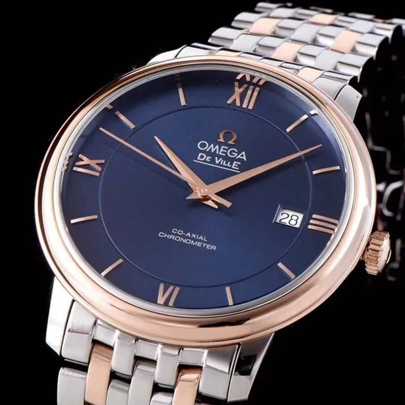 replicaOmega watch De Ville series men's mechanical ultra-thin watch rose goldsteel bracelet blue face back cover picture