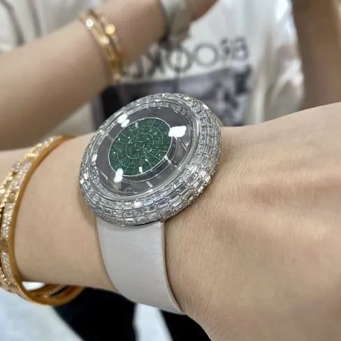 top-tier Jack Bao watch green dial white leather strap ladies quartz front view