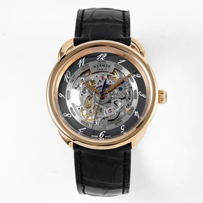 top-tier watch Hermès men's gray plate black belt automatic movementleather strap watch front view