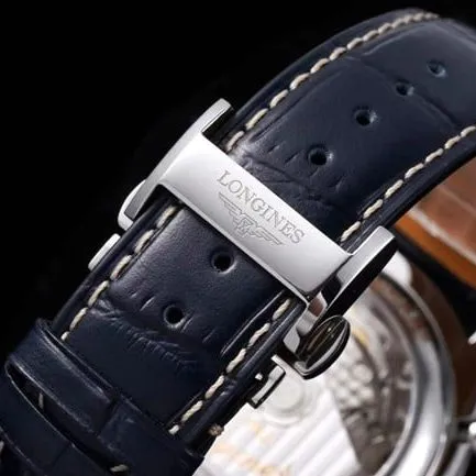 KL factory Longinestop-tier watch famous moon phase series men's blue dial blue belt automatic movementleather strap watch front view