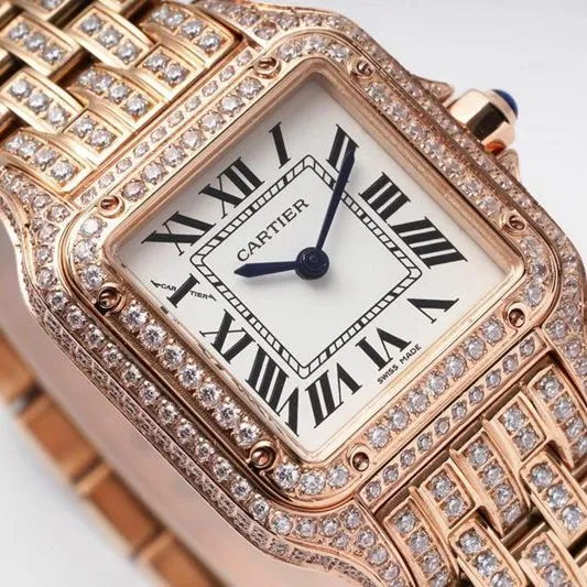 Cartiertop-tiersuper watch cheetah full diamond series ladies steel bracelet mechanical rose gold watch front view