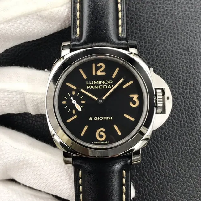 HW factory top-tier watch Panerai men's black dial black belt manual winding mechanical leather strap watch front view