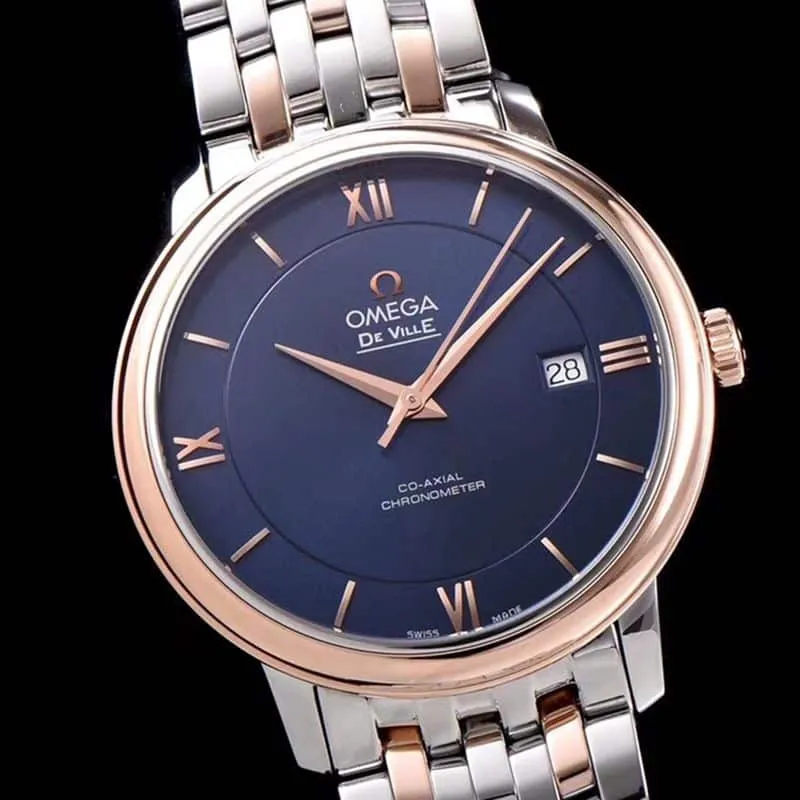 replicaOmega watch De Ville series men's mechanical ultra-thin watch rose goldsteel bracelet blue face front view