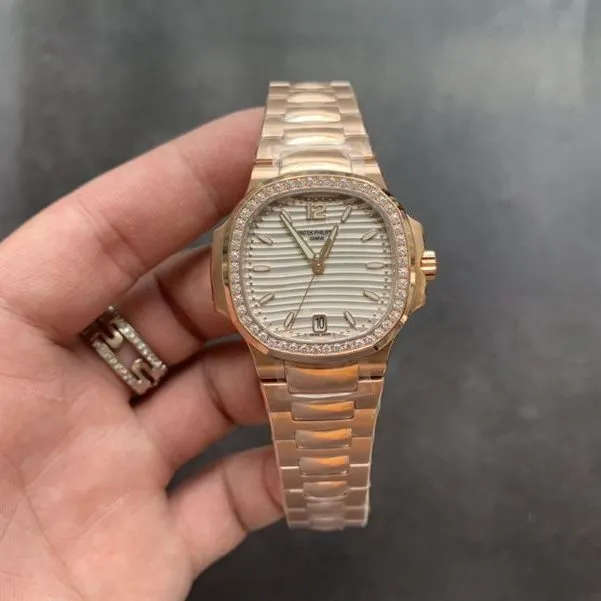 Patek Philippereplica watch Nautilusdiamond bezel full rose gold women's front view