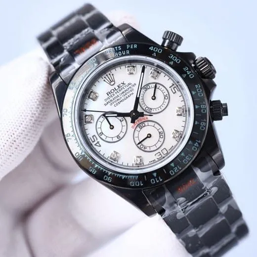 Rolex watch fully automatic movement men's white dialsteel braceletBLAKEN carbon black di front view