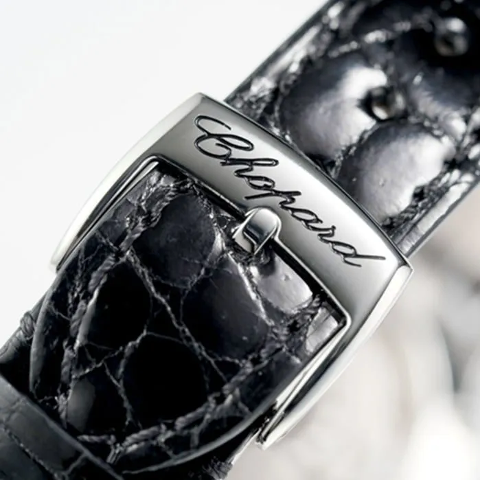 top-tier watch Chopard women's white dial black belt Happy Diamonds series watch front view