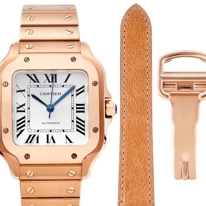 Cartiertop-tiersuper watch Santos series women's steel braceletwhite dialrose gold watch front view