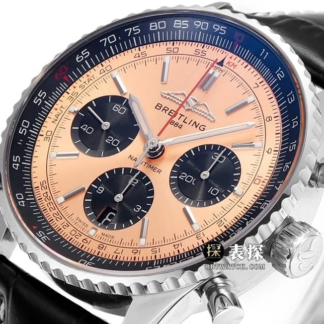 BLS aviation chronographBreitling1:1replica watch copper dial leather strap model AB0138241K1P1side live photo