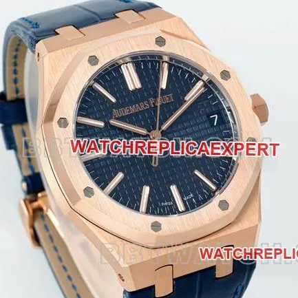 1:1replica watch Royal OakDDF factory Audemars Piguetblue dialrose gold4302 mechanical leather bracelet15510front live photo