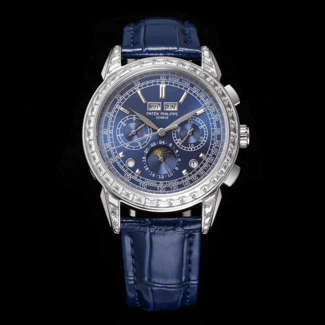 PFF factory top-tier replicaPatek Philippe super complex function chronograph series men's blue dial blue belt mechanical watch front view