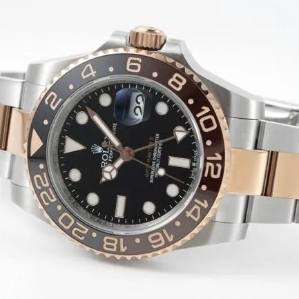 GS factory top-tier watch RolexGMT-Master root beer ring rose gold black bottom men's watch front view