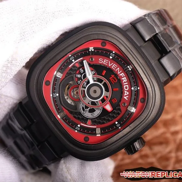watch seven day display five red and black colors lead the trend SEVENFRIDAY/automatic movementmen's watch Swiss steel bracelet large dial all black side view