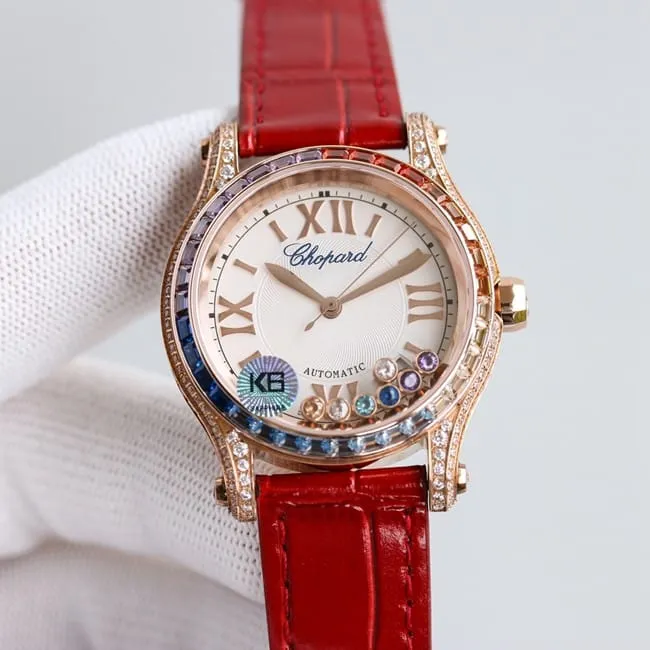 Chopardtop-tier watch chopard Happy Sport series full automatic movement women's white dial black belt front view