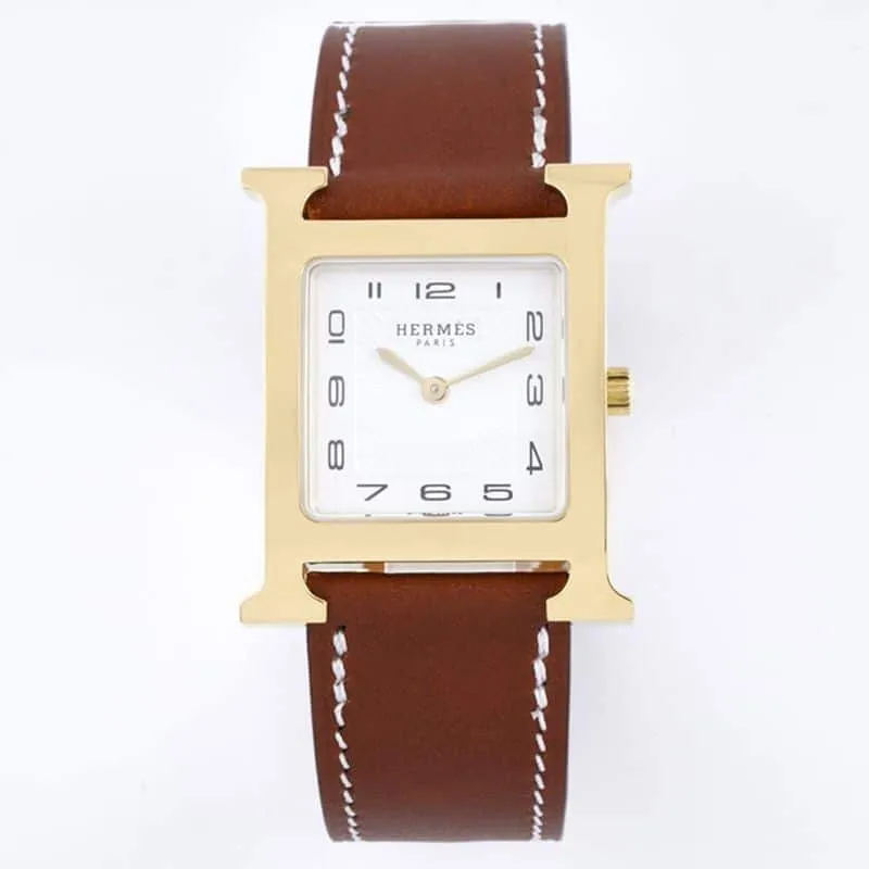 Hermès top-tier replicaladies' watchHeureH series ladies quartz square fashion watch black leather white dial detail shots