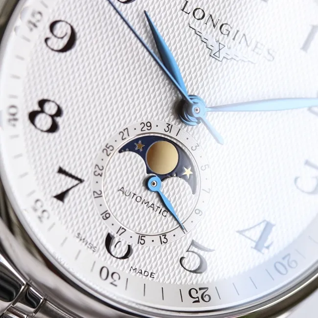 GF Factory Top collectible watches Longines Men's White Plate Steel Strap Masterpiece Series Moon Phase 42mm Mechanical Watch Front View