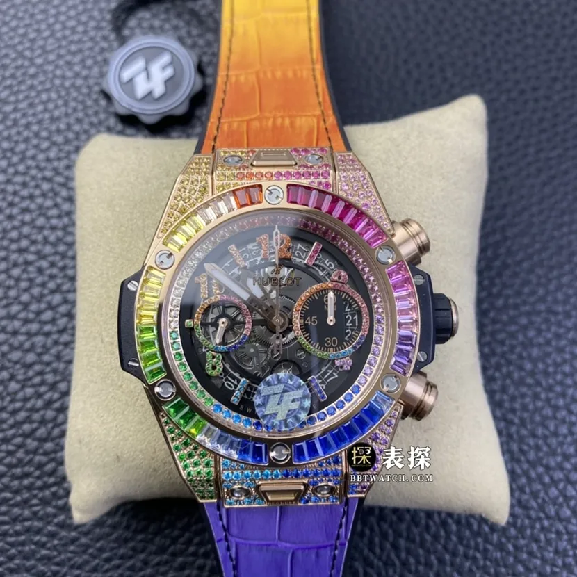 ZF BIG BANGHublot1:1replica watch hollow panda disc rainbow diamond leather strap model 411.OX.9910.LR.0999clasp picture