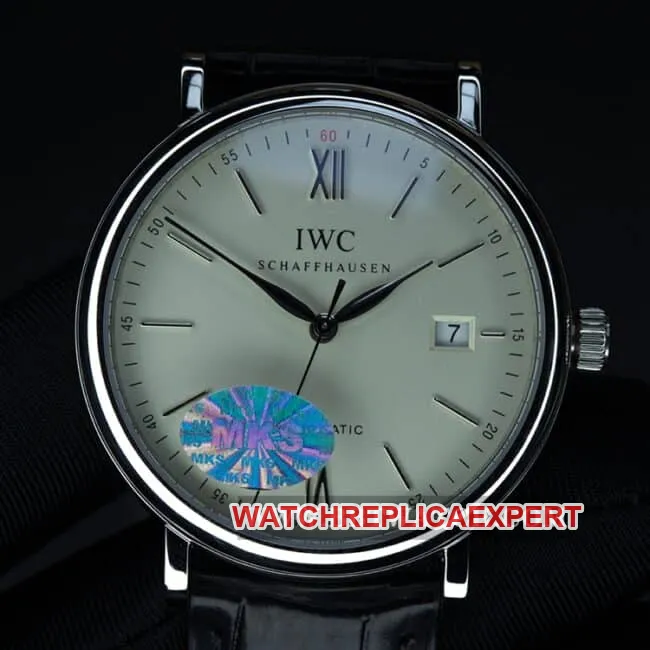 MKS Factory IWC Top Watch Portugieser Series Automatic Mechanical Men's White Dial Black Strap Front View