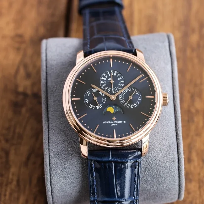 TW factory top-tier replicaVacheron Constantin1:1 watch men's blue dial blue belt perpetual calendar multifunctional heritage series mechanical leather strap watch movement picture