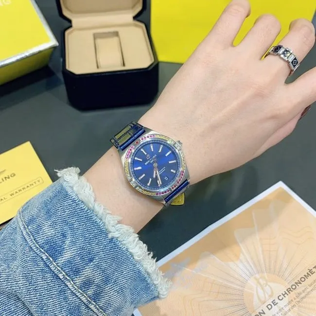 Breitlingtop-tier replicahigh-quality ladies blue dial blue belt automaticchronograph South China Sea capsule series leather strap watch front view