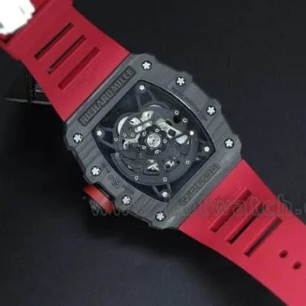 top-tier watch Richard Millerm53 carbon fiber men's black dial red strap hollow mechanical watch front view
