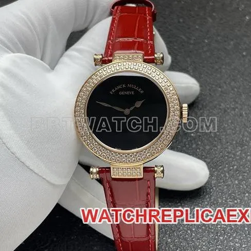 collectible watch frank mill quartz ABF factory black dial gold diamond bezel red leather braceletfront live photo