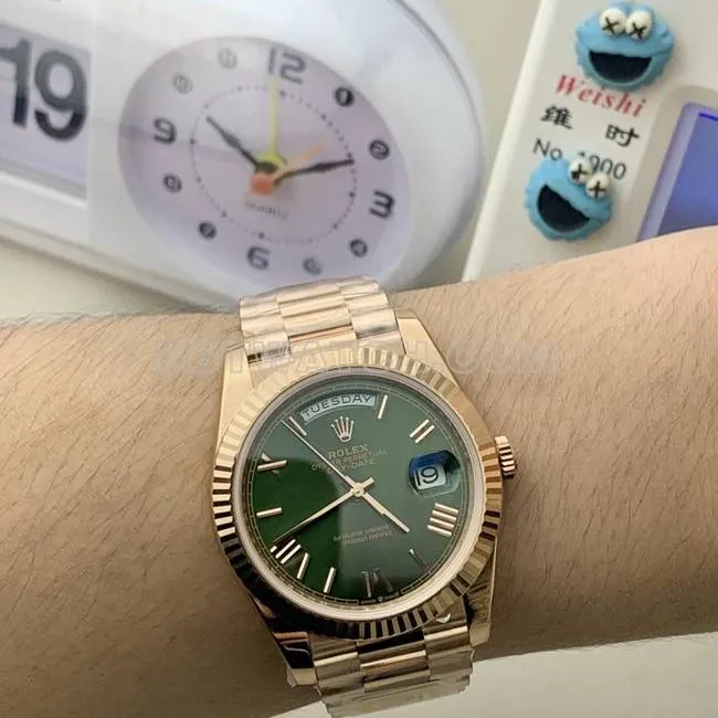 1:1replica watch Rolexrose goldPPM factory Day-Date mechanical green dial Roman numerals caseback live photo