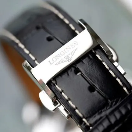 KL factory top-tier watch Longines men's white dial black belt famous craftsman moon phase series automatic movementleather strap watch front view