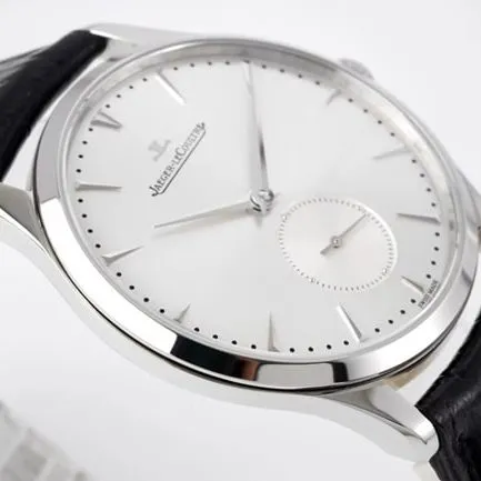 ZF FactoryJaeger-LeCoultretop-tier replicahigh-quality watch men's white dial black belt master series ultra-thin small second hand quartzleather strap watch front view