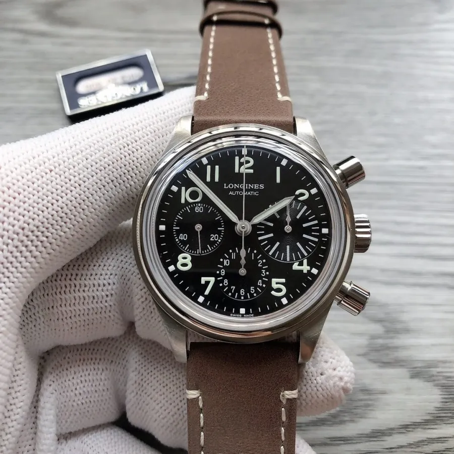 top-tier watch Longines men's black dialleather strap watch front view