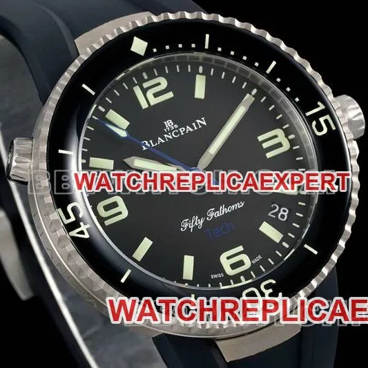 Blancpain watch fifty fathoms black dial blue needle titanium mechanical black rubber front live photo