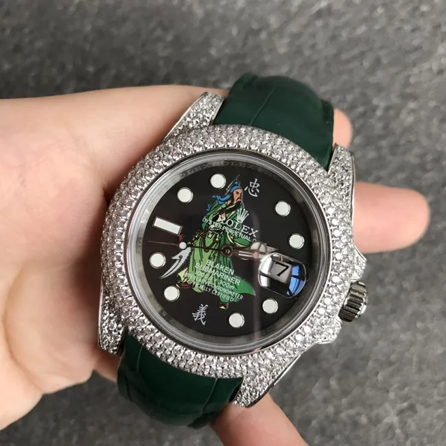 top-tier watch Rolex men's black dial green strap automatic movementleather strapv3 version Submariner series watch front view