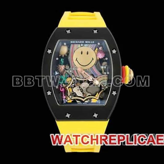 Richard Mille men's smiley tourbillon black shell yellow rubber RM 88caseback live photo