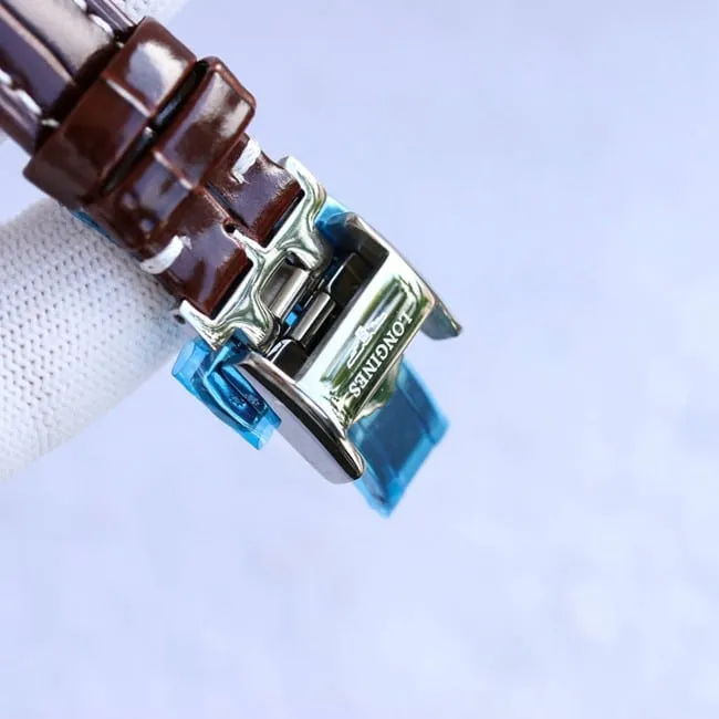 top-tier replicaLongineshigh-quality women's white dial brown belt famous craftsman series fully automatic movementleather strap watch front view