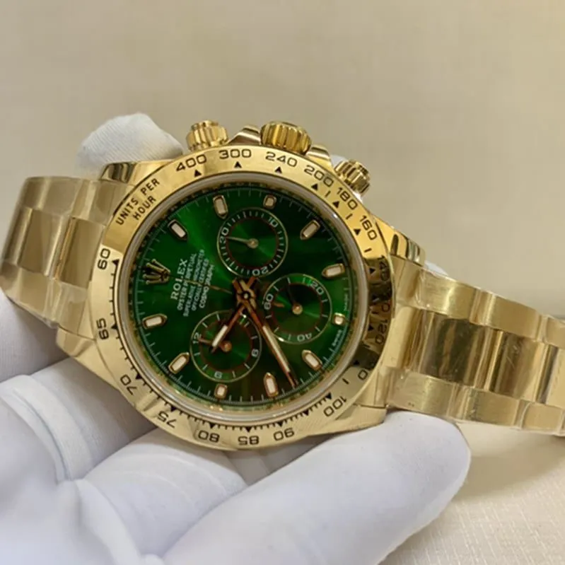 top-tier watch Rolex men's green dial gold band watch front view
