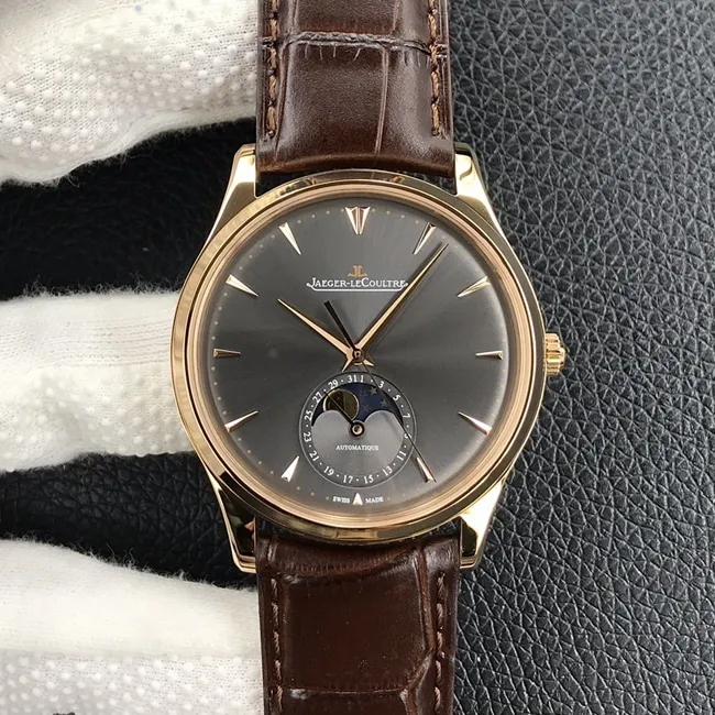 GF Factorytop-tier watch Jaeger-LeCoultreautomatic movement men's black dial brown belt master series leather strap watch movement picture