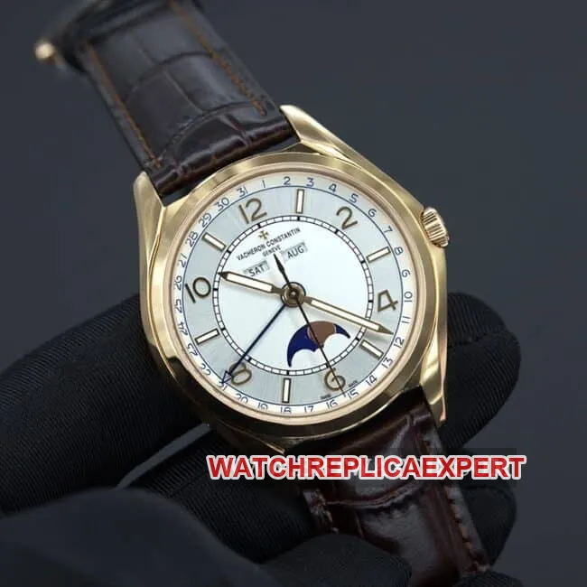 ZF Vacheron Constantin Top Woodland Type Men's White Plate Brown Strap Automatic Mechanical Watch Front View