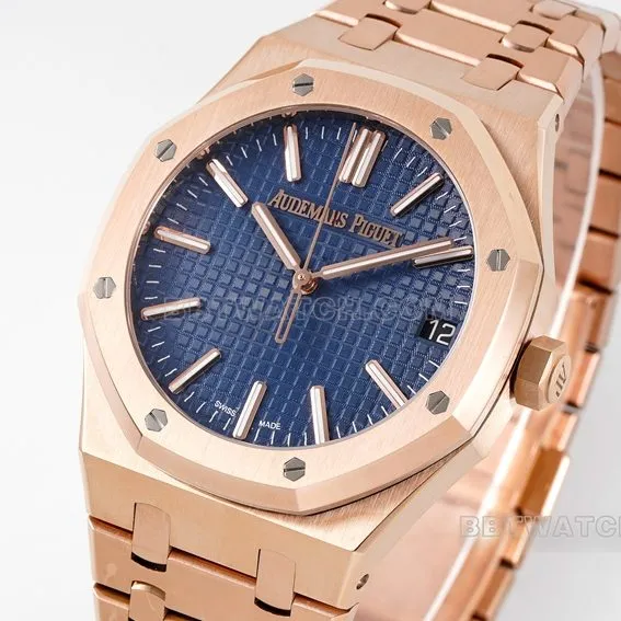 APS factory Audemars PiguetRoyal Oak1:1top-tier watch blue dialrose goldsteel bracelet model 15510OR.OO.1320OR.03front live photo