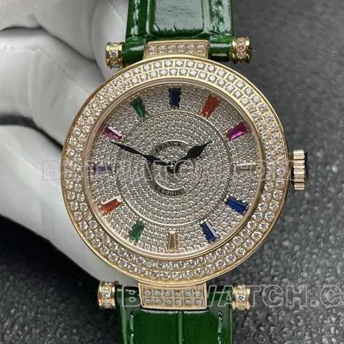 Franck Muller quartz collectible watch ABF factory diamond plate gold diamond bezel green leather braceletside live photo