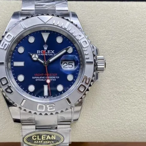 top-tier replicaC factory Rolex blue dial yacht series 3235 movement 904 stainless steel watch front view