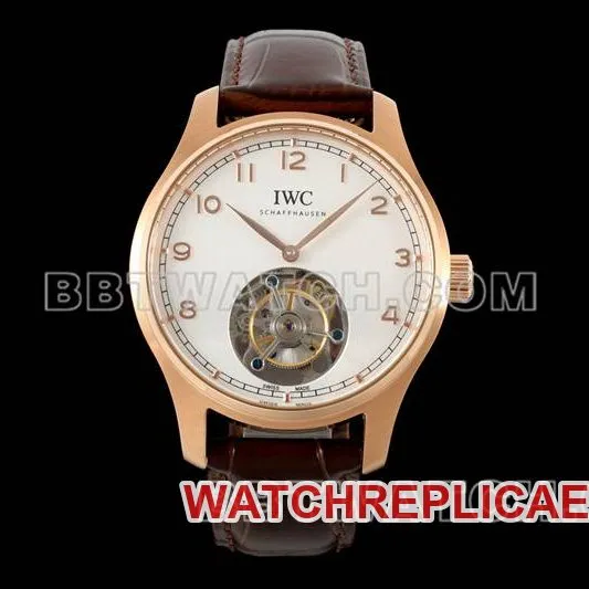 IWC collectible watch RMS factory Portugal white dialrose goldtourbillon mechanical leather strap model caseback live photo